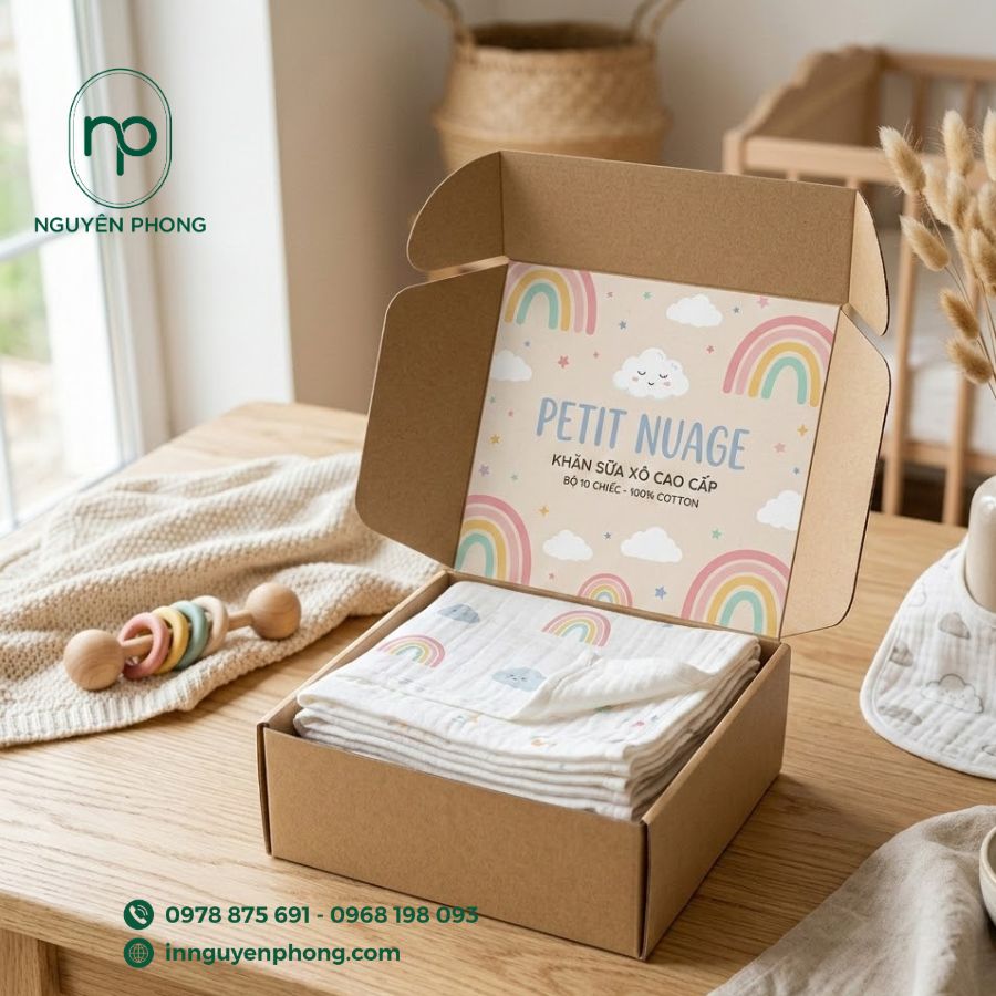 in hộp đựng khăn xô, khăn sữa cho em bé